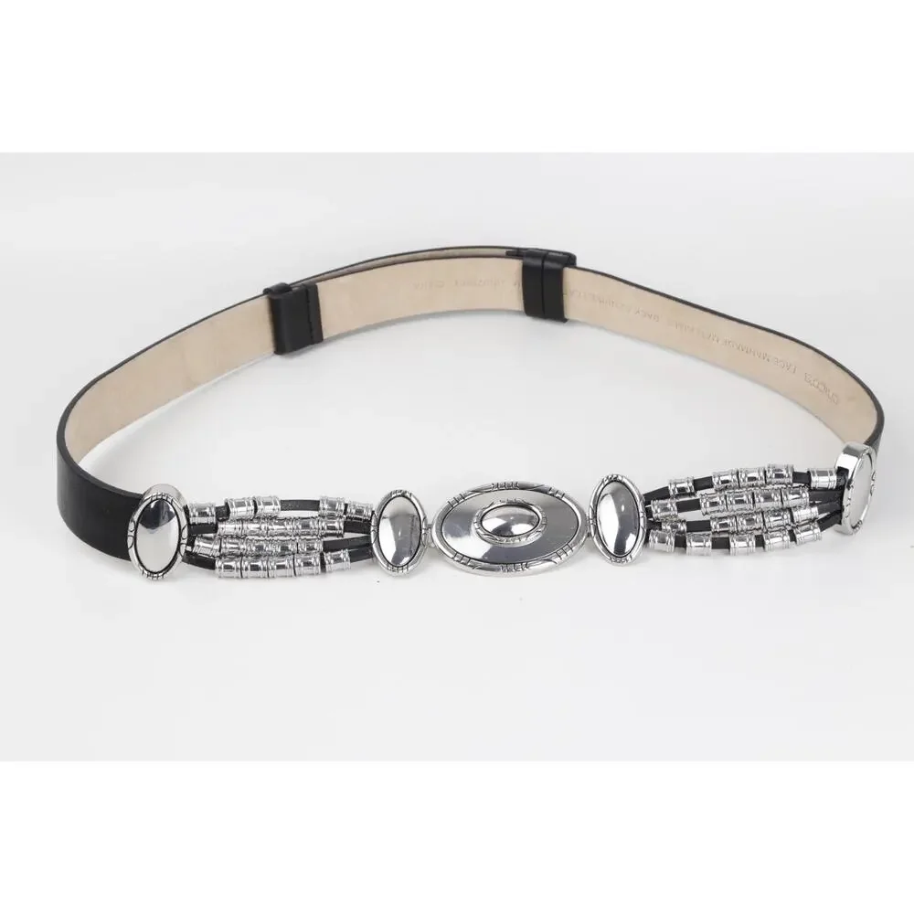 Chico’s Black Leather Southwestern Silver Concho Oval Buckle Belt Size S/M Small